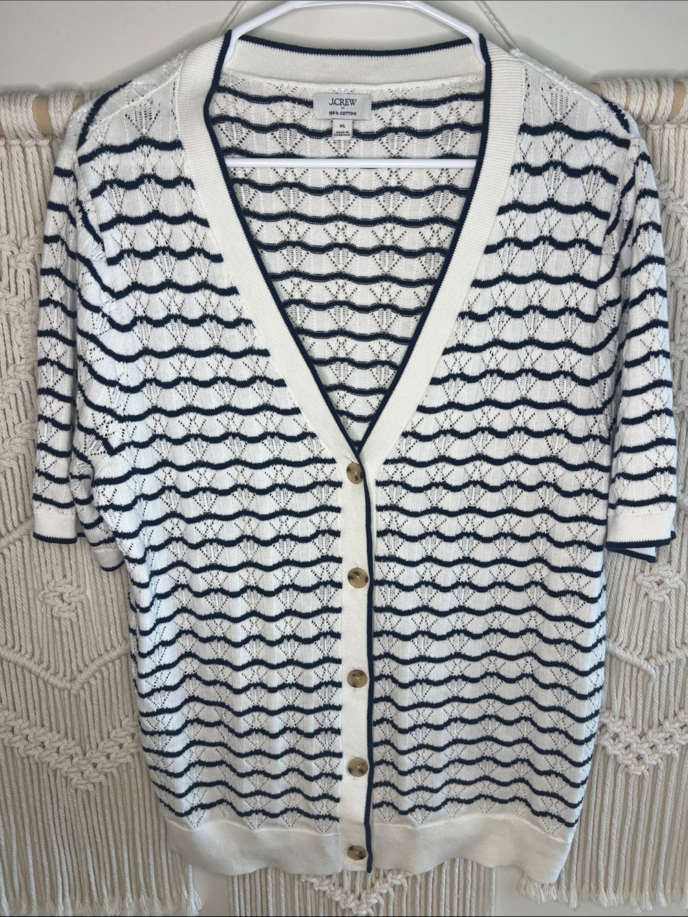 J. Crew White and Navy Eyelet Stripe V-Neck Button Cardigan